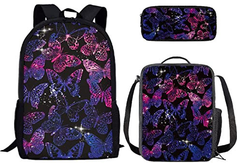 Binienty Rucksack für Kinder Jungen Mädchen Schule Büchertasche mit Lunchbox und Federmäppchen Büchertasche Set für Grundschule, Starlight Butterfly, Einheitsgröße