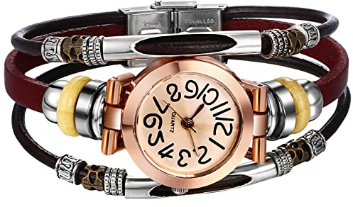 JewelryWe Damen Armbanduhr, Retro geflochten Leder Armband Armreif Armkette Uhr mit Baum Blatt Anhänger für Frau Mädchen