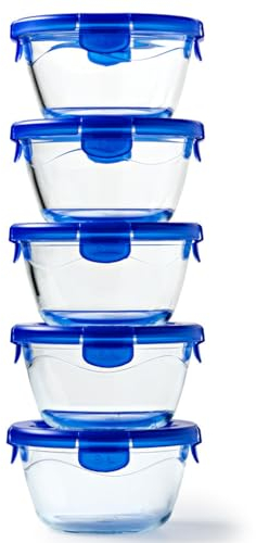 Pyrex Cook & Go - Lot de 5 LunchBox Rondes - 0,7L - Verre Borosilicate - Compatible four, micro-ondes et lave-vaisselle - Made in France