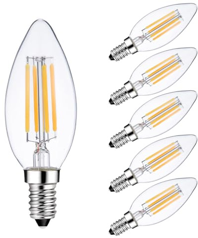 Sunaiony E14 Light Bulb 40 Watt Equivalent Dimmable Candle Bulb 2700K Warm White, Candelabra LED E14 European Light Bulbs, 6 Pack