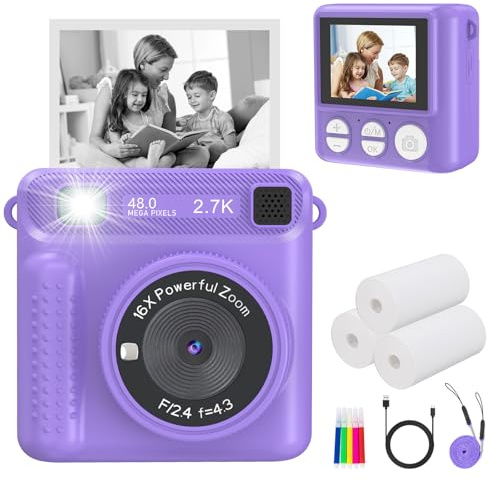 JPVERLY Instant Print barnkamera – HD digital video, 32 GB SD-kort, bärbar leksak för flickor och pojkar ålder 3-12, jul födelsedagspresenter (lila)