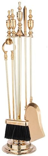 Ofenbesteck Kaminbesteck 5 teilig Gold Messing Massiv Höhe: 73 cm Kaminzubehör Antik Stil Jugendstil Kamingarnitur