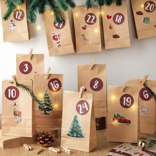 Calendario de Adviento para rellenar, calendario de Adviento bolsas, calendario de Navidad para rellenar, 24 bolsas de papel con pegatinas de madera, calendario de Adviento, rellenar
