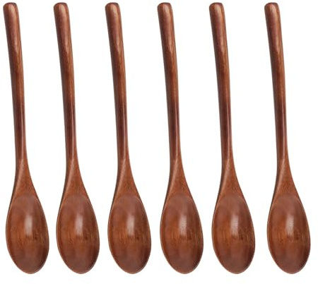 TMZELOA Lot de 6 Cuillères en Bois, 22,5 cm Cuillère Long Manche en Bois Naturel, Cuillère à Soupe, Ramen, Dessert, Café et Service, Surface Lisse, Non Compatible Lave Vaisselle