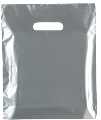 Premium Silver Plastic Carrier Bags, Medium/Large Size with Patch Handle, Shopping Tote Bags (50pcs 22x18+3)