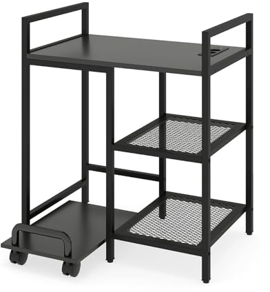 GIANTEX Druckertisch mit Steckdose, Beistelltisch mit 3 Etagen & Ablagefächern mit Rollen und Griff, Mobiler Druckerständer für Büro und Zuhause, 63,5 x 40 x 72 cm (Schwarz)