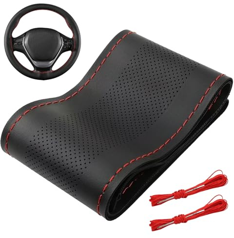 Universal Lenkradbezug aus Microfaser-Leder, Handgenähte Lenkradhülle mit Atmungsaktivem Design, Rutschfester Lenkrad Überzug für die Meisten Autos (37-38cm Durchmesser), Schwarz, Auto Lenkradbezug