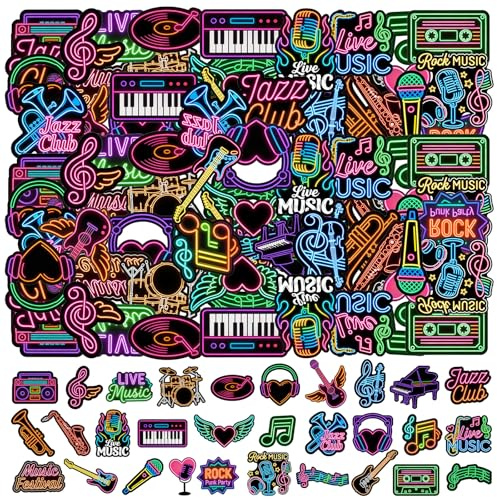 150 pegatinas de música neón para adultos: 30 diseños únicos de rock and roll y bandas de música para portátiles, botellas de agua, guitarras, álbumes de recortes. Ideales para fiestas