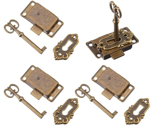 DICOSMETIC 3 Sets Vintage Cabinet Lock Set 1.02x2.09 Inch/26x53mm Small Decorative Skeleton Key Lock Alloy Old Locks Replacement for Chest Desk Jewelry Box, Antique Bronze
