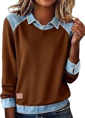 Women's Long Sleeve Denim Collar Patchwork Sweatshirts Lapel Collar Casual Button Up Pullover Shirt Fall Blouse (Brown,X-Large)