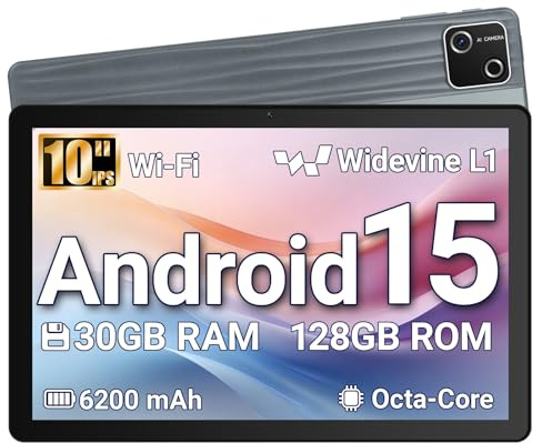 Wqplo Tablette 10 Pouces Android 15 certifiée GMS, 30Go RAM + 128Go ROM (2To TF), Octa-Core, 6200mAh, HD 1280x800, WiFi 6, BT 5.3, Widevine L1, 5MP+8MP, Tablet PC, Gris – 2026