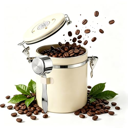 Barattolo per Caffè Ermetico in Acciaio Inox, 1.2 L Contenitore acciaio inossidabile valvola rilascio CO2, con Cucchiaio,Indicazione Della Data, per Chicchi di Caffè, Farina di Zucchero, Polvere, Noci