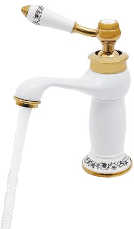 Robinet rétro monocommande en céramique et laiton, blanc et or, montage en surface, 17,5 x 19,7 cm, robinet eau froide et chaude pour salle de bain et lavabo
