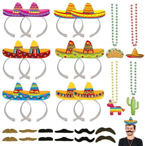 YiiHHooN Sombrero Mexicano de Fiesta, 12 Piezas Sombrero Mexicano con Collares y Bigotes Artificiales, Accesorios para Fiesta Mexicana de Cinco de Mayo y Fiesta Temática
