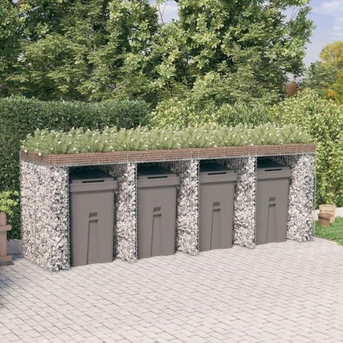 Ziaphsol Gabbione per bidoni della spazzatura, 350 x 91 x 120 cm, ferro zincato, filo da 3,5 mm, protezione privacy per fino a 4 bidoni della spazzatura, rivestimento per giardino, terrazza