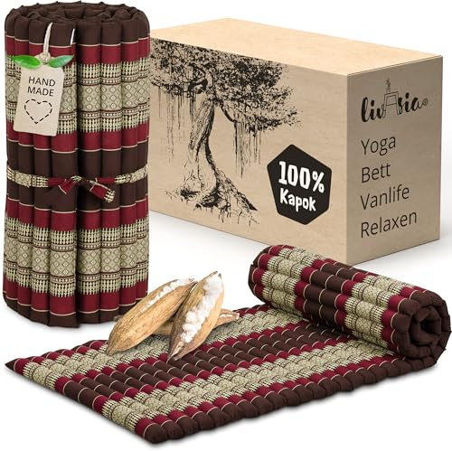 livasia Rollmatte Rollmatratze M schmal Einzelbett - 200x75x4,5cm - Gästebett Gästematratze 1 Person mit Muster, Reisebett Kofferraum outdoor, Thaimatte Kapok Garten handgefertigt (Weinrot)