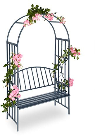 Relaxdays Rosenbogen mit Bank, robustes Metall, 2-Sitzer Deko-Gartenbank, Rankhilfe, HxBxT: 205 x 115 x 50 cm, Anthrazit
