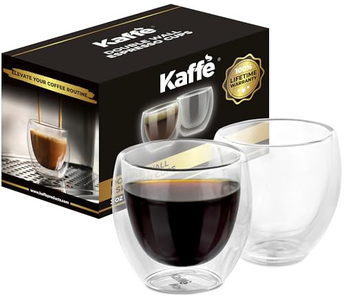 Kaffe Double Wall Insulated Glass Coffee Cups (2 x 3oz) - Small Clear Espresso Shot Glasses - Heat Resistant Insulated Borosilicate Glass Mugs for Warm Beverages, Capuccinos, Teas, Lattes