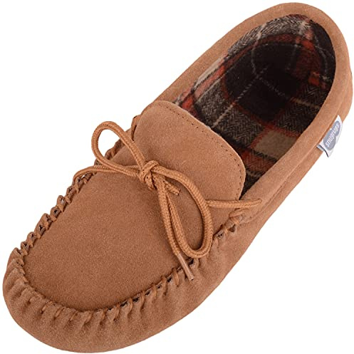 SNUGRUGS Rupert Mens Suede Moccasin Slippers with Cotton Inner and Suede Sole - Light Brown - UK 11