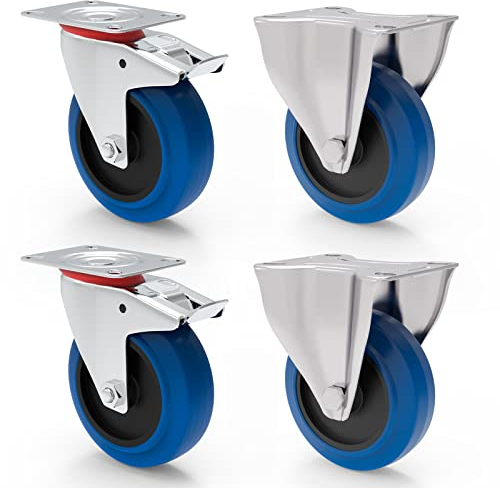 Transportrollen mit Bremse 125mm Möbelrollen Schwerlast - Bockrollen Set Gummi Rollen Blue Wheels Lenkrollen für Rollbrett Werkstatt schwere Möbel Palettenmöbel Rollwagen Räucherschrank Werkzeugwagen