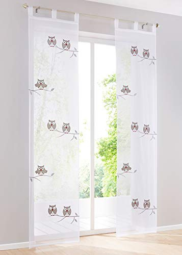 Devola Voile Gardine Schiebevorhang mit Eule Muster Bestickte schiebegardinen Transparente Flächenvorhänge HxB 145x57cm mit Schlaufen Weiß 1er Pack