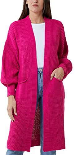 H&F Long Cardigan for Women New Ladies Classic Open Front Boyfriend Balloon Sleeve Chunky Knitted Maxi Longline Floaty Cardigan 2 Side Pockets Sweater Plus Size 8-22
