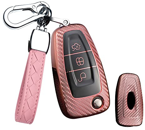 HIBEYO Klapp Autoschlüssel Hülle passt für Ford Schlüsselhülle Silikonschutz Cover für Ford Fiesta Focus Kuga Mondeo Karbonfaser-Muster Abdeckung Schutzhülle Fernschlüssel Flip Schlüsselbox-Rosa
