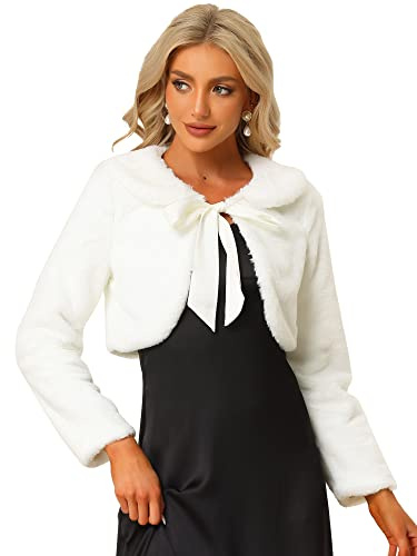Allegra K Women's Faux Fur Bolero Shrug Crop Jacket Evening Bow Tie Front Fluffy Coat Medium White