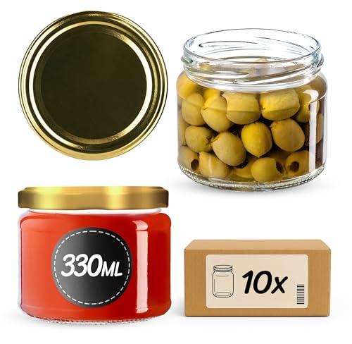 KADAX Lot de 10 bocaux en Verre 330ml Ø82 à Pois Rouges – Couvercle Twist-Off hermétique TO82 – pour confitures, conserves, cornichons, Miel & Fermentation