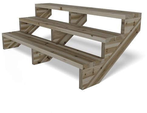 Gartenwelt Riegelsberger Escalera de terraza de 150 cm de ancho con 3 peldaños, altura de 55 cm, madera maciza de pino tratada a presión, juego completo de mejillas, tablas y tornillos