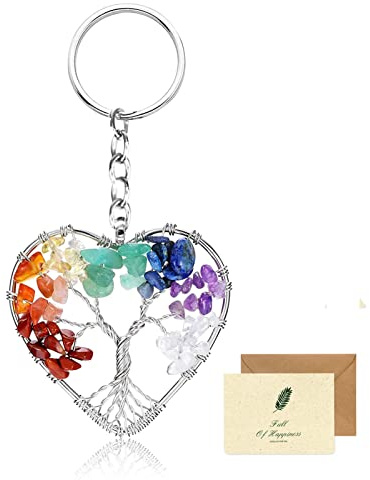 Porte-clés Arbre de Vie 7 Chakras Cristaux de Guérison-Porte-bonheur pour Femme, Pendentif Chic Original avec Carte (Cœur d'argent)