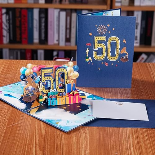 AIBAOBAO födelsedagskort 50 kvinna man popup-kort 50 födelsedag vackert födelsedagskort 3D gratulationskort med kuvert, presenter till 50-årsdagen män kvinnor för vänner, älskare och föräldrar