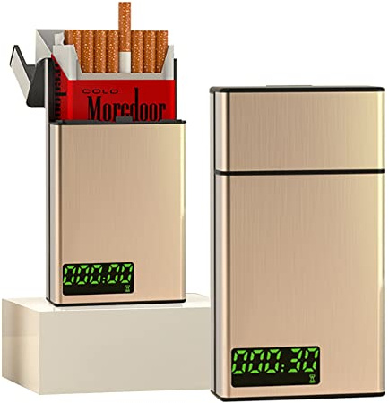 Caja de cigarrillos con bloqueo de tiempo, dispensador de cigarrillos con pantalla LCD para tamaño King de 84 mm (corto), ayuda portátil para dejar de fumar (dorado)