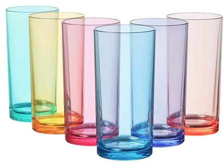 US Acrylic Classic Plastic Reusable Drinking Glasses (Set of 6) 16oz Water Cups Assorted Colors | BPA-Free Tumblers, Made in USA | Top-Rack Dishwasher Safe