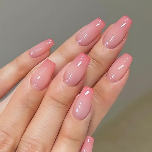 JUSTOTRY 24 Stück Light Pink Sarg Nägel Zum Aufkleben Mittel,Gradient Weiß Press on Nails,Ballerina Kunstnägel Fake Nails für Nail Art,Acryl French Fingernägel zum Aufkleben für Frauen
