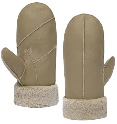MGGMOKAY Guanti in pelle da donna,Freddo Tempo di Pecora Shearling Caldo inverno Guanti Pelliccia,Beige,M