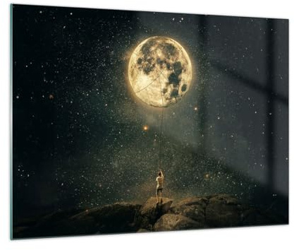 Quadro su Vetro Luna Stelle Immaginazione Stampe da Parete in Vetro 70x50cm Quadri Moderni Soggiorno Camera da Letto Cucina 1 pezzo Piccoli Decorazione Murale Wall Art Grafica Immagini GAA70x50-5249