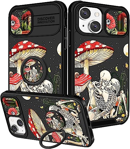 Pegmode (2in1 for iPhone 13 Case/for iPhone 14 Case for Women Cute Skull Skeleton Girls Phone Cases Scary Gothic Design with Camera Cover+Ring Holder Funny Fashion for Apple 13/Apple 14 Cover 6.1''