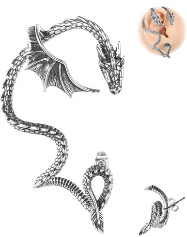 6ixGosh 1 x Gothic-Drachen-Ohrmanschette, Edelstahl, Retro-Drachen-Ohrringe, Punk, Schlange, Drache, Fisch, Krokodil-Manschette, Wickelohrringe, Knorpel, Kletterer, Ohrstecker, für Damen und Herren
