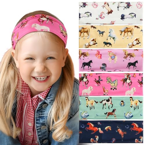 BETESSIN 6Stk. Stirnband Mädchen Kinder Haarband Pferde Elastisches Kopfband mit Knoten Breite Haarreif Schleife Haarschmuck Kopfschmuck für Schule Sport Freizeit in 6 Stilen