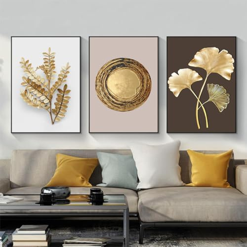 KXHHYB Gold Ginkgo Biloba Wandbilder,3er Set Poster goldene Pflanzen Blätter Poster Kunstdrucke Bilder,Wandbild Print Bilder Kunstposter Deko für Wohnzimmer-ohne Rahmen (A,70x100cm*3)
