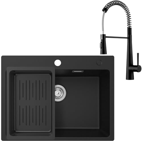 CECIPA Spülbecken Schwarz Granit mit Federstil Küchenarmatur 60 x 45 cm, Küchenspüle mit Siebkorb, Waschbecken Küche, Spüle Schwarz Granitspüle, Spülbecken Küche mit Siphon Ab- und Überlaufgarnitur
