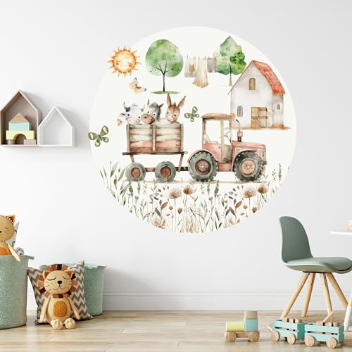 GRAZDesign Wandtattoo Bauernhof XXL rund Wandsticker Kinderzimmer Jungen Trecker Traktor Tiere Wandaufkleber - 111x110cm