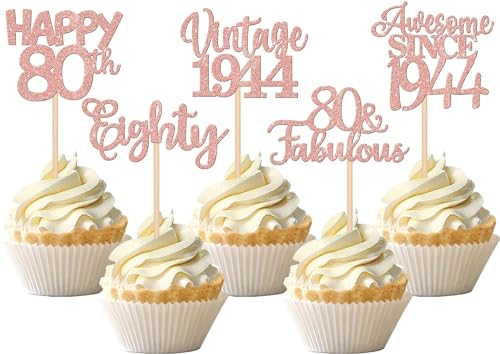 SYKYCTCY 30 Pack Happy 80th Birthday Cupcake Toppers Glitter Awesome Since 1946 Eighty 80 Fabulous Vintage 1946 Cupcake Picks for 80th Birthday Party Cake Decorations Supplies