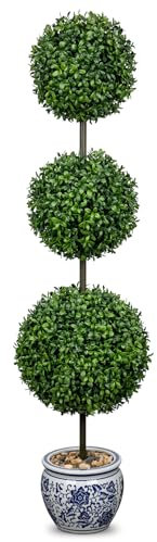 Árbol topiario artificial de boj de 3 pies, árboles topiarios artificiales de doble bola, arbustos artificiales en maceta, porcelana azul y blanca para porche, hogar, decoración de jardín, decoración