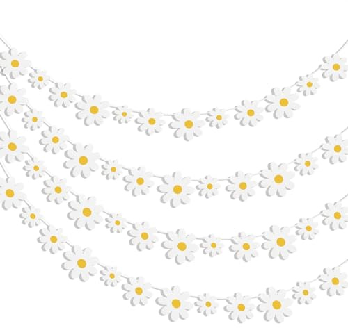 4 Stück Gänseblümchen Dekoration Blumen Banner, Weiß Gänseblümchen Geburtstag Dekoration Girlande Banner für Frühling Sommerparty Mädchen Geburtstag Party Dekorationen (Weiß, 4 Stück)