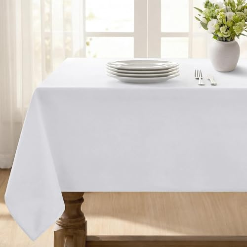 Softalker Abwischbare Tischdecke 140x200 cm Rechteckig Tischdecke Wasserabweisend und Fleckschutz aus 210 GSM Polyester Tischtuch Klein Tischwäsche Weiss für Outdoor Holztisch Garten Geburtstag Party