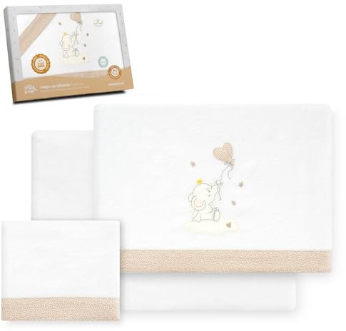 Interbaby - Juego Sabanas Cuna 60x120 Algodon 100% | Sabana Cuna Franela, Cálida, Suave | Incluye Sabana Bajera, Encimera y Funda de Almohada | Ideal para Invierno | Elefante Globo Corazón Blanco/Beig
