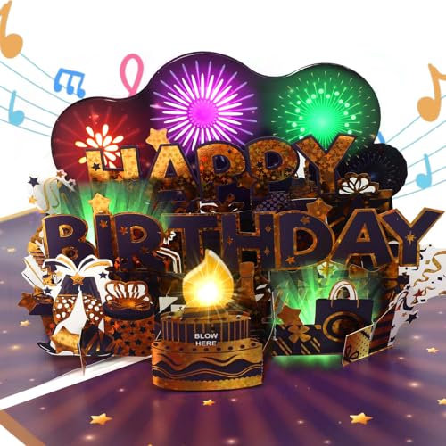 Geburtstagskarte, Musik & Feuerwerk & ausblasbare Kerze Geburtstagskarten, 3D Happy Birthday Pop Up Geburtstagskarte, Grußkarte für Mann Frauen Männer Ehemann Ehefrau Jungen Mädchen Kinder