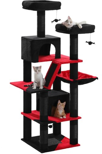 PETEPELA Grand arbre à chat multi-niveaux pour grands chats, 180 cm, avec 6 colonnes en sisal, 2 griffoirs, 2 plateformes, 1 hamac, 2 balles de jeu, tissu en peluche, noir